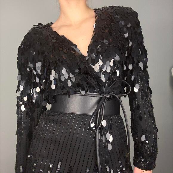 Silk black sequin blazer fringe 80s vintage - fits like modern small / medium - Picture 3 of 8